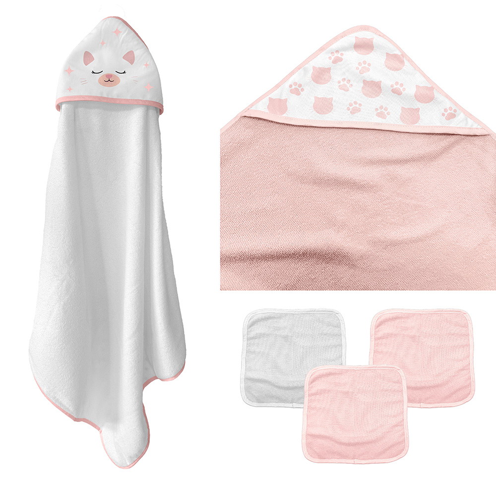 Image Set/2 Hooded Towels and 3 Wash Cloths - Cat